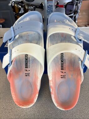 Birkenstock White, Light Blue & Coral Tie-Dye Arizona EVA Sandals